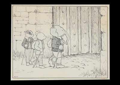 Lot 271 - A rare Mary Tourtel original pen and ink with crayon illustration of Rupert Bear and friends, 1932