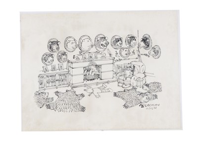 Lot 277 - An Ed McLachlan cartoon of a Bear Hunter surrounded by bear head trophies and rugs including Rupert Bear, 1993