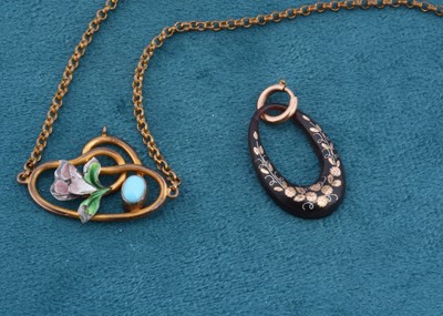 Lot 137 - An Art Nouveau base metal enamel and turquoise paste necklace and chain