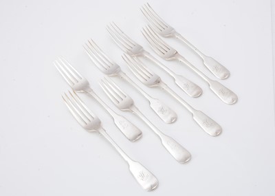 Lot 357 - A set of six Victorian silver fiddle pattern dessert forks and two others