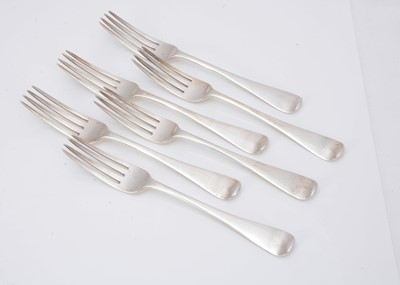 Lot 364 - A set of six Victorian silver old English pattern dinner forks by IH & RR