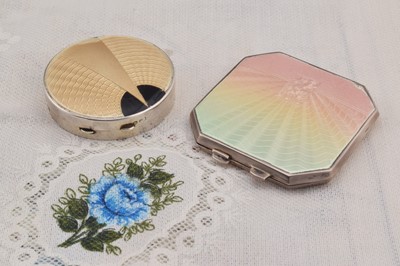 Lot 456 - Two silver guilloche enamel mounted compacts