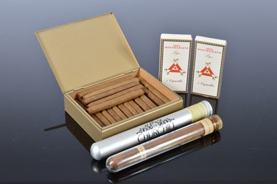 Lot 139 - A modern wooden cigar humidor and various cigars and two framed cigar labels