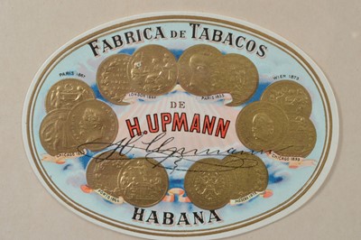 Lot 139 - A modern wooden cigar humidor and various cigars and two framed cigar labels