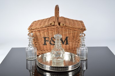 Lot 153 - A Fortnum & Mason wicket hamper together with a silver plated tray and three decanters (AF)