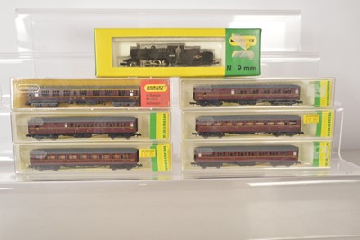 Lot 87 - Hornby Minitrix N Gauge BR Steam Locomotives with Tender and Maroon Coaches (7)