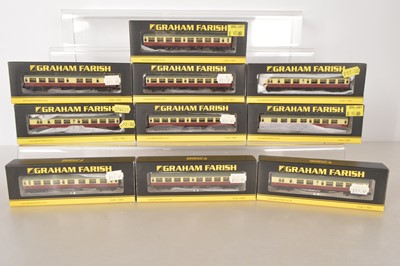 Lot 111 - Graham Farish by Bachmann N Gauge BR Crimson and Cream Coaching Stock (10)