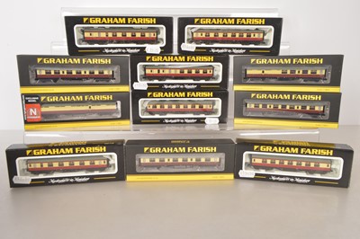 Lot 113 - Graham Farish by Bachmann N Gauge BR Crimson and Cream Coaching Stock (11)