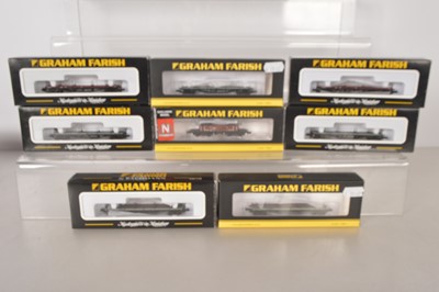 Lot 150 - N Gauge Graham Farish by Bachmann Bogie Bolster Wagons and Queen Mary Brake Van (8)