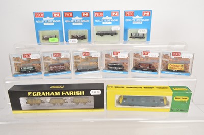 Lot 215 - Minitrix N Gauge BR Diesel Locomotive and Goods Wagons (12)