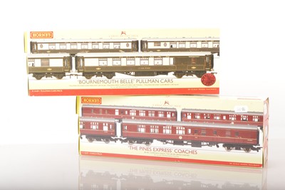 Lot 274 - Hornby 00 Gauge Boxed R4196 'Bournemouth Belle' chocolate and cream and R4229 'The Pines Express' BR maroon Coach Packs (2 packs, six coaches)