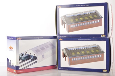 Lot 357 - Bachmann Scenecraft 00 Gauge boxed Carriage Shed and Modern Servicing Depots (3)