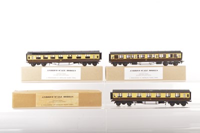 Lot 406 - Anbrico 00 Gauge boxed GWR chocolate and cream Mainline Corridor Coaches (3)