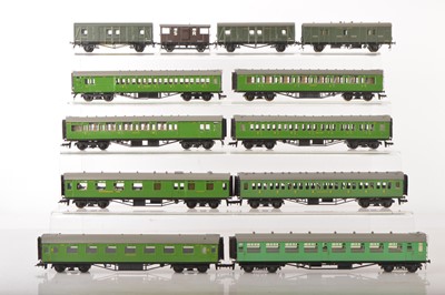 Lot 430 - Ian Kirk and PC Models or similar 00 Gauge kitbuilt SR green Maunsell Coaches a Mk1 Coach and Parkside Utility Vans and a Brass kitbuilt SR Van (12)