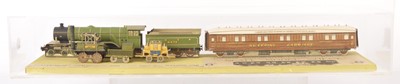 Lot 491 - LNER Railway Centenary 1825-1925 approx. S Gauge Kitbuilt Card Models of Flying Scotsman and Locomotion each with a Coach in a Perspex Display Case