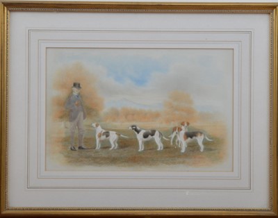 Lot 332 - A painted porcelain plaque of a master of hounds and hounds