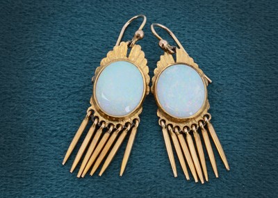 Lot 1 - A pair of yellow metal and precious opal drop earrings