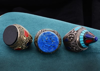 Lot 18 - Three large Middle Eastern white metal gem set decorative dress rings