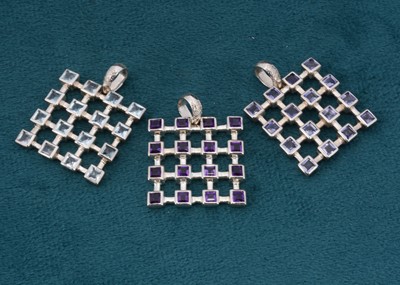 Lot 91 - Three similar square shaped gem set pendants