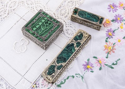 Lot 246 - A continental silver malachite inlaid lipstick and rouge