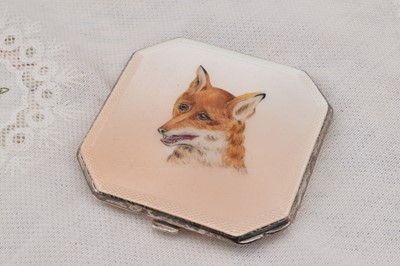 Lot 272 - A square silver, enamelled and painted compact depicting a fox