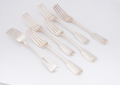 Lot 345 - A set of six George IV silver fiddle pattern dinner forks by William Chawner