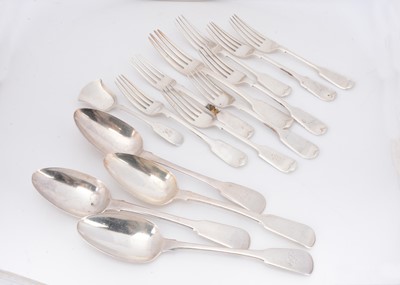 Lot 355 - Fourteen Georgian and later silver fiddle pattern items of cutlery