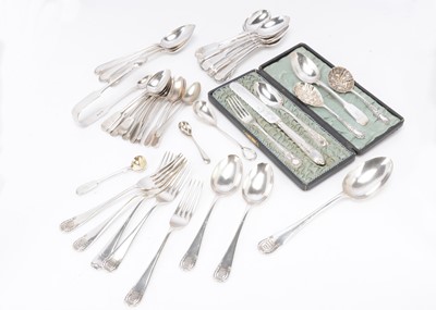 Lot 365 - A small collection of silver teaspoons together with silver plated spoons and flatware