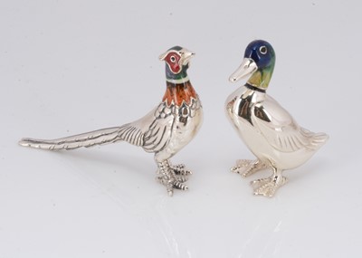 Lot 373 - Two modern silver and enamel small birds from Mappin & Webb