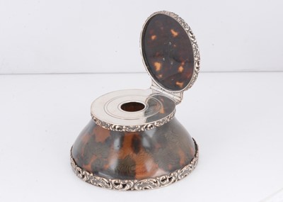 Lot 395 - A late Victorian tortoiseshell and silver inkwell