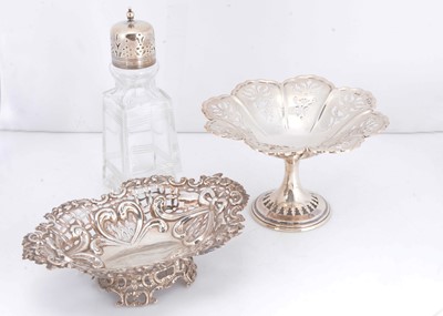 Lot 416 - Two silver bon bon dishes and a sugar sifter