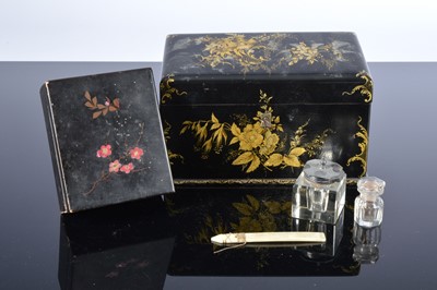 Lot 450 - Two Victorian period black lacquer boxes and a collection of Chinese mother of pearl gaming counters