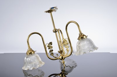 Lot 466 - A mid 20th century brass and glass ceiling light and matching wall scones