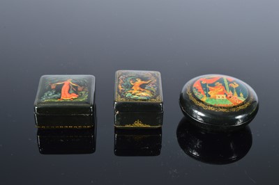 Lot 474 - Three second half 20th century Russian lacquer and hand painted boxes