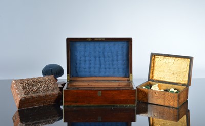 Lot 488 - Two Victorian wooden boxes and another box and a hatpin cushion and more