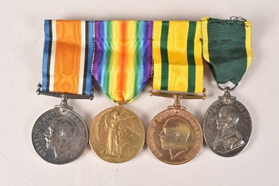 Lot 345 - A WWI 4th Battalion King's Shropshire Light Infantry medal group, comprising War, Victory Territorial Force War Medal and Territorial Efficiency medal