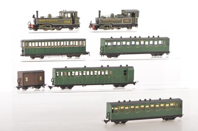 Lot 45 - Pair of kitbuilt 00 Gauge Narrow Gauge Lynton and Barnstable SR lined green 2-6-2 Tank Locomotives and Coaches (7)