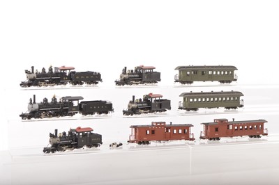 Lot 55 - American Outline HOe  Narrow Gauge brass black Steam Locomotives and Coaches, (11 including tenders)