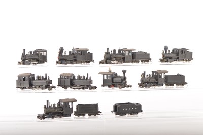 Lot 59 - American Outline HOe Narrow Gauge plastic and brass black Steam tank and Tender Locomotives mostly modified with Minitrains or similar chassis  (13 with tenders)