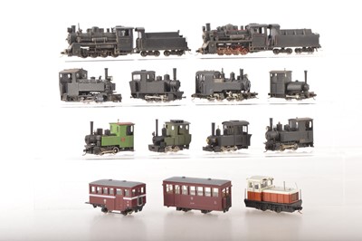 Lot 62 - Various mainly Continental Style HOe Narrow Gauge  modified RTR tank and Tender Steam Locomotives with Diesel and two coaches (17 incl Tenders)