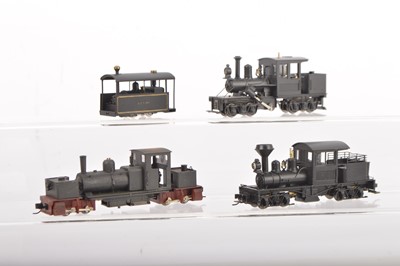 Lot 66 - American outline HOe Narrow Gauge brass and plastic kitbuilt/modified Shay 0-4-4-0 Garrett Climax Steam Locomotives and Trolley Car  (4)