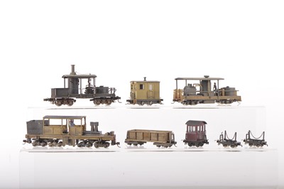 Lot 70 - American outline HOe Narrow Gauge brass and plastic kitbuilt/modified Logging wood clad open cab with canopy Steam Locomotives and rolling stock (8)