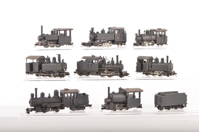 Lot 72 - American outline HOe Narrow Gauge brass and plastic kitbuilt/modified black Steam Locomotives (8)