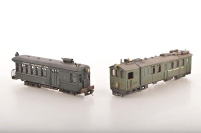 Lot 75 - American outline HOe Cray Valley RR Narrow Gauge metal and plastic kitbuilt/modified green Steam Motor Railcars (2)