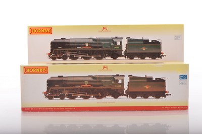 Lot 123 - Pair of Hornby 00 Gauge boxed BR green rebuilt West Country Class Locomotives and Tenders one renamed (2)