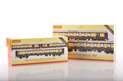 Lot 208 - Hornby 00 Gauge boxed  Brighton Belle chocolate and cream 1967 EMU 2-Car Train Pack and triple Coach pack (4)