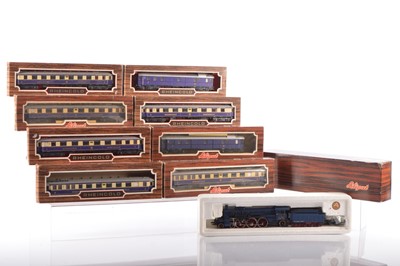 Lot 485 - Liliput HO Gauge DB blue Steam Locomotive and rake of eight Rheingold Coaches (9)