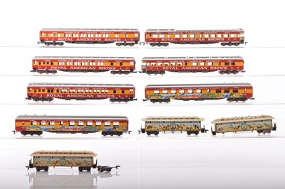 Lot 619 - Seven Rivarossi unboxed American HO Gauge Royal American Shows red and orange coaches and three Pocher Barnum's Advertising Old Timer Coaches (10)