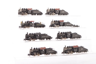 Lot 656 - Rivarossi unboxed American HO Gauge black various Railroads black with red cab roof and silver smoke box and chimney Four-coupled switcher Steam Locomotives and Tenders (8)