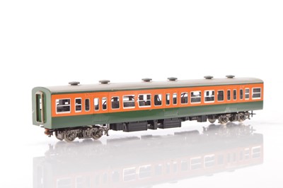 Lot 678 - KTM Brass unboxed Japanese HO Gauge motorised Kuha 111 Showa green and orange centre Railcar coach